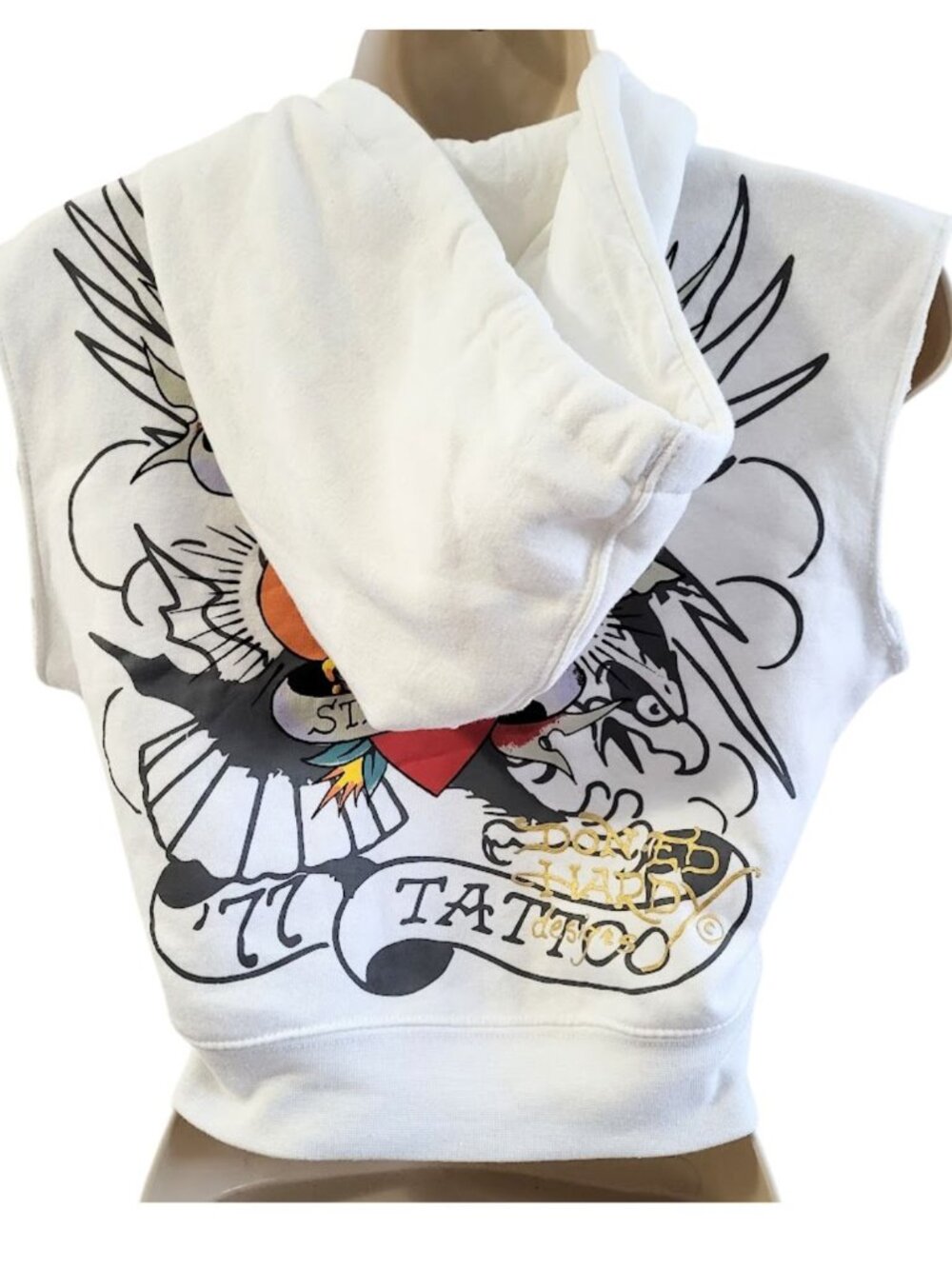 ED HARDY Y2K White Tattoo Graphic Cropped Zip-Up Hoodie Vest - Women's M - Picture 3 of 6
